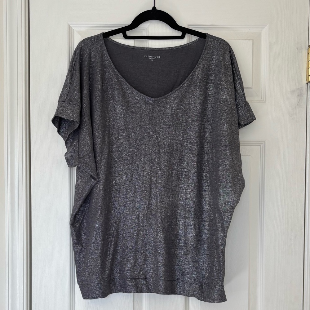 Eileen Fisher 100% Linen Shimmering Metallic Short Sleeve Top
